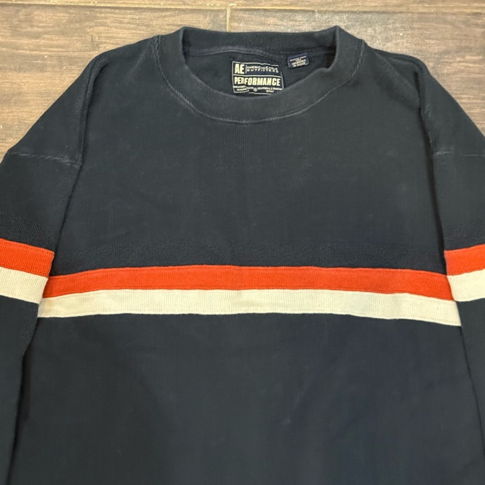 Vtg 90s American Eagle Performance Striped Cotton Crewneck Sweater XL Navy - Picture 4 of 6